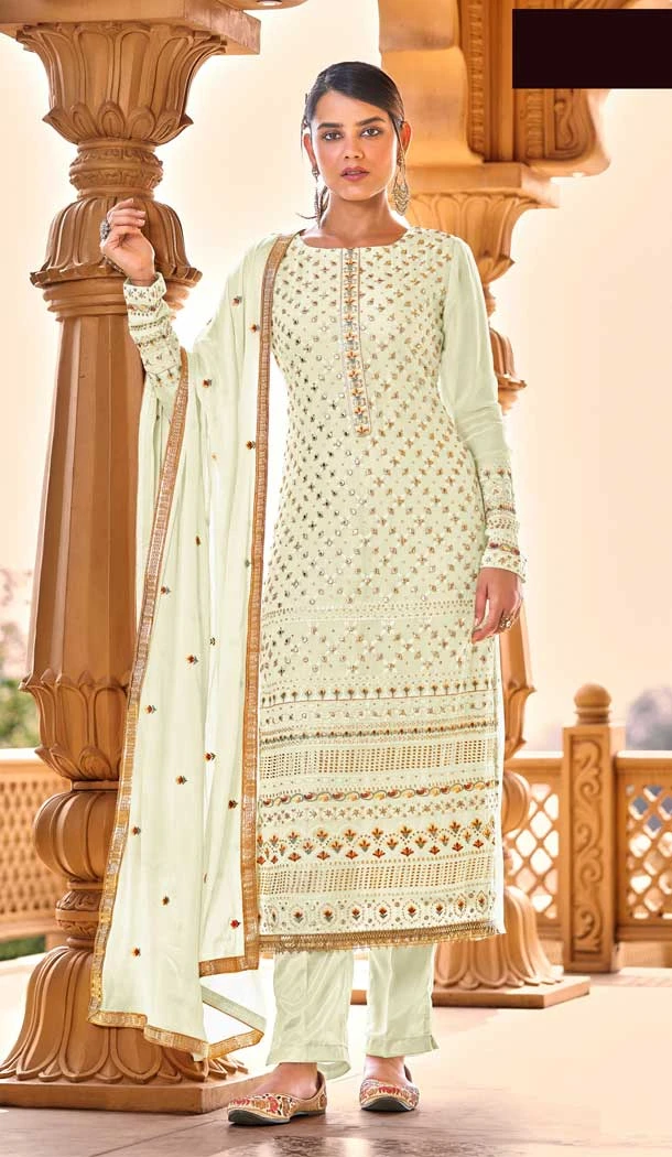 Cream Color Sequins Work Faux Georgette Pakistani Style Salwar Kameez -5833164926