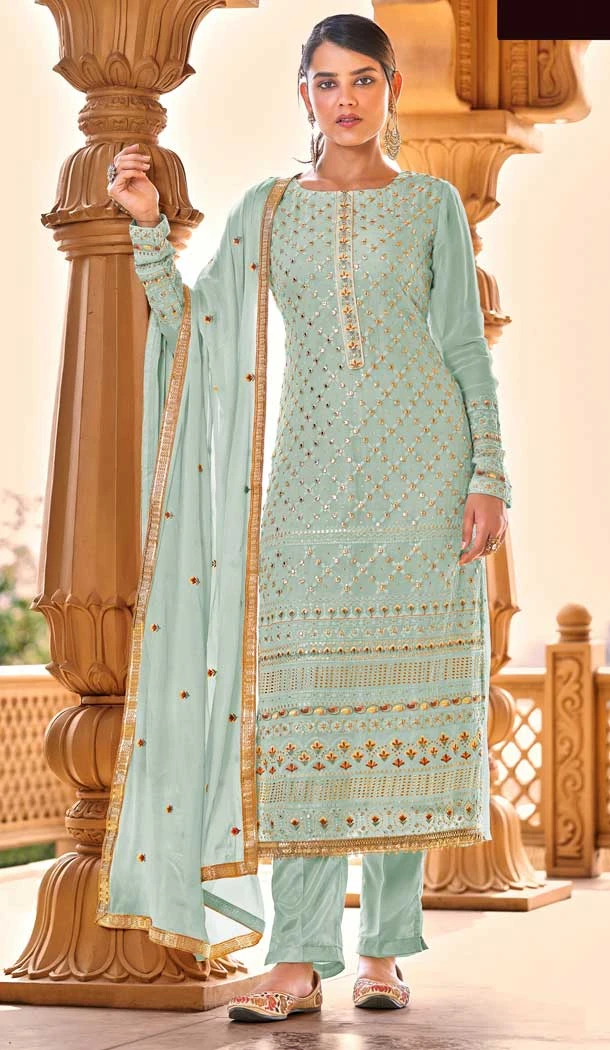 Sky Blue Color Sequins Work Faux Georgette Pakistani Style Salwar Kameez -5833164927