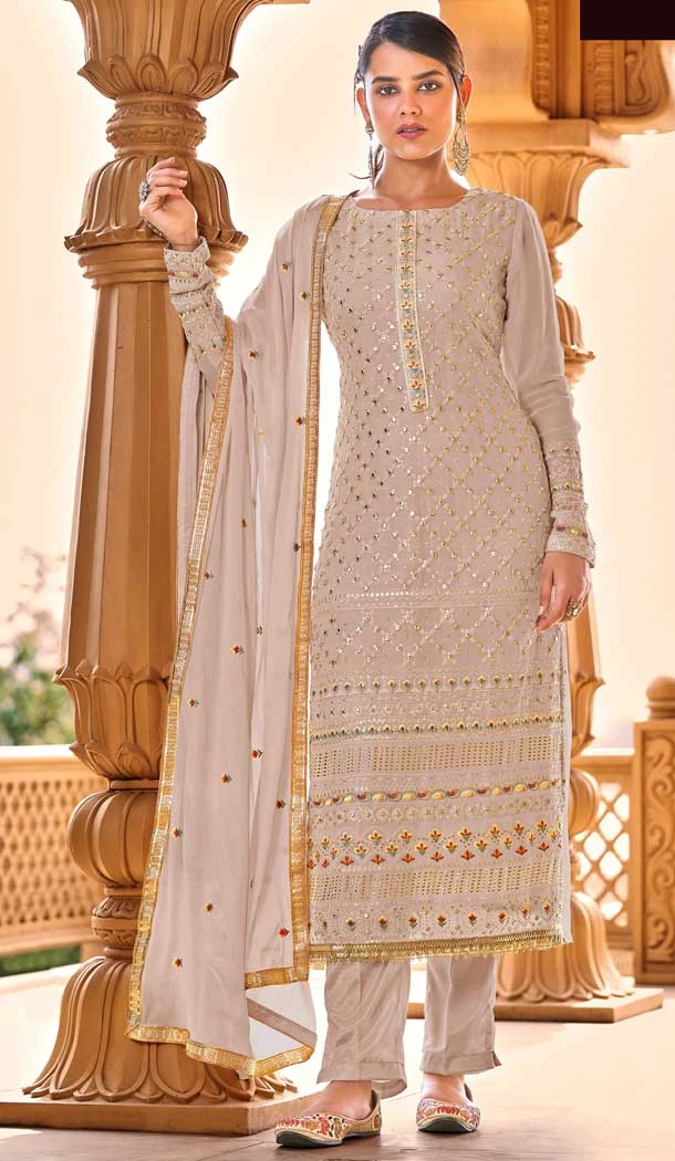 Beige Color Sequins Work Faux Georgette Pakistani Style Salwar Kameez -5833164928