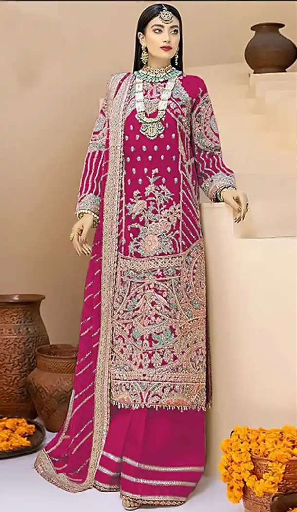 Pink Color Faux Georgette Embroidery Work Pakistani Style Women Palazzo Suit -5841164996