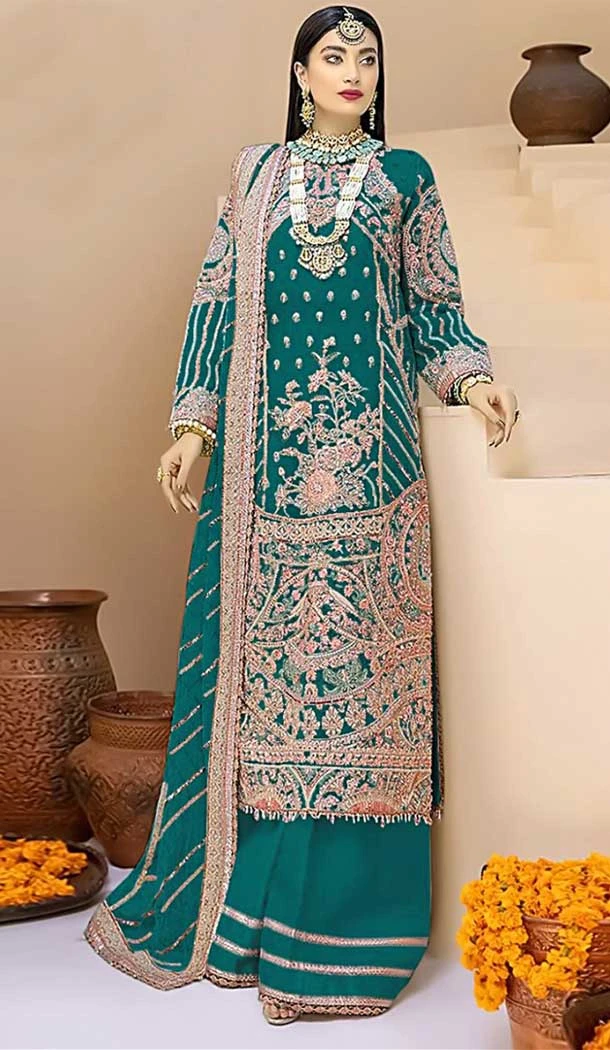 Teal Green Color Faux Georgette Embroidery Work Pakistani Style Women Palazzo Suit -5841164997