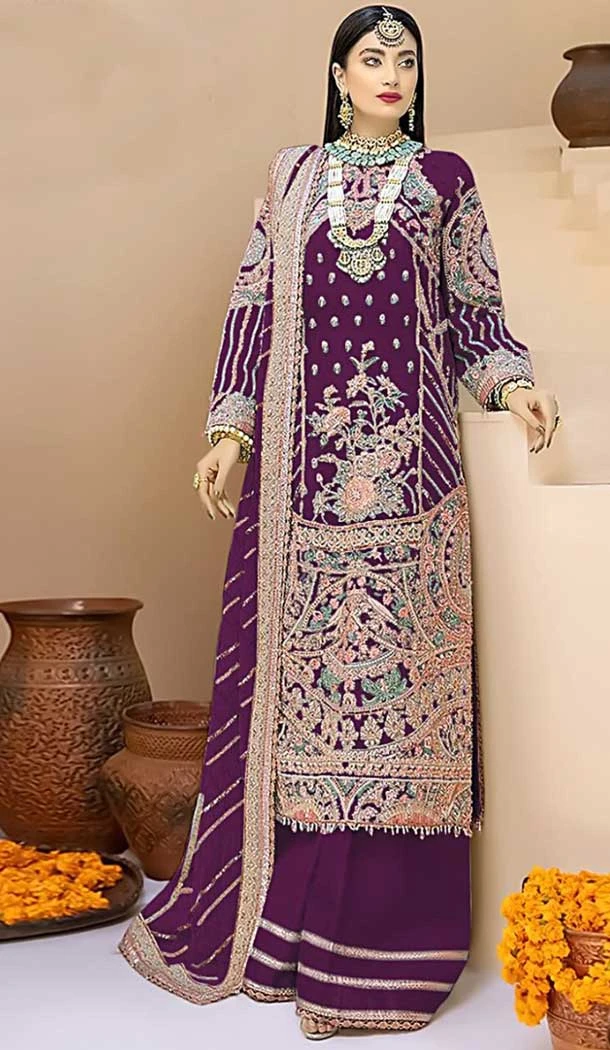 Purple Color Faux Georgette Embroidery Work Pakistani Style Women Palazzo Suit -5841164998