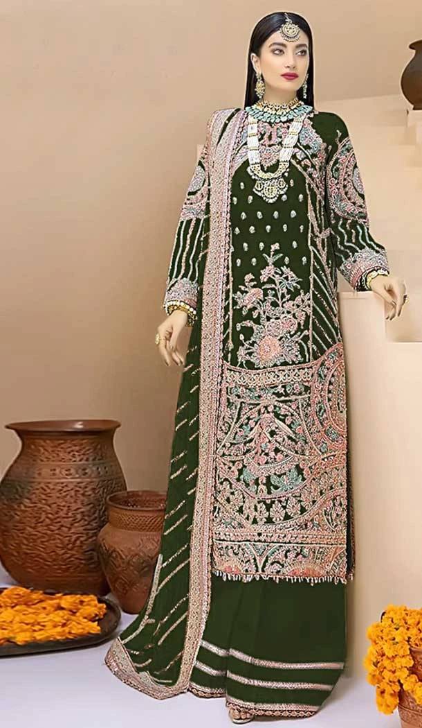 Mahendi Green Color Faux Georgette Embroidery Work Pakistani Style Women Palazzo Suit -5841164999