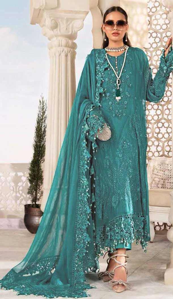 Teal Blue Color Fox Georgette Embroidery Work Party Wear Salwar Suit -5842165000