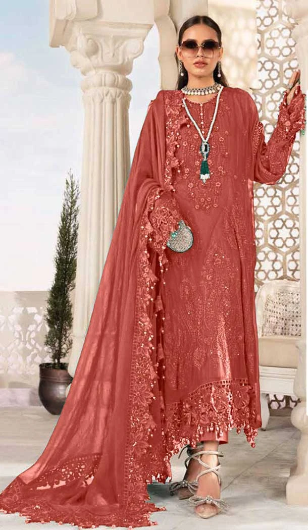 Rust Color Fox Georgette Embroidery Work Party Wear Salwar Suit -5842165001