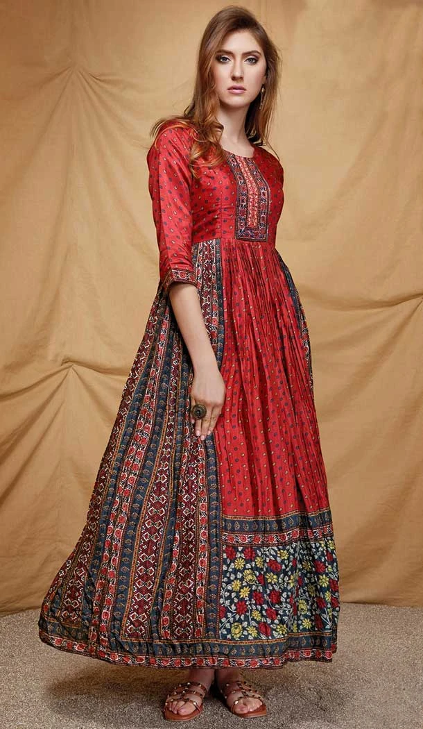 Dola Silk Red Maroon Color Digital Print Work Party Wear Readymade Gown -5851165049