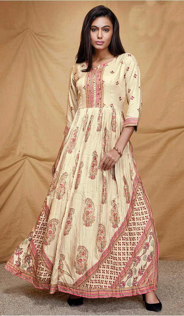 Off White Dola Silk Color Digital Print Work Party Wear Readymade Gown -5851165050