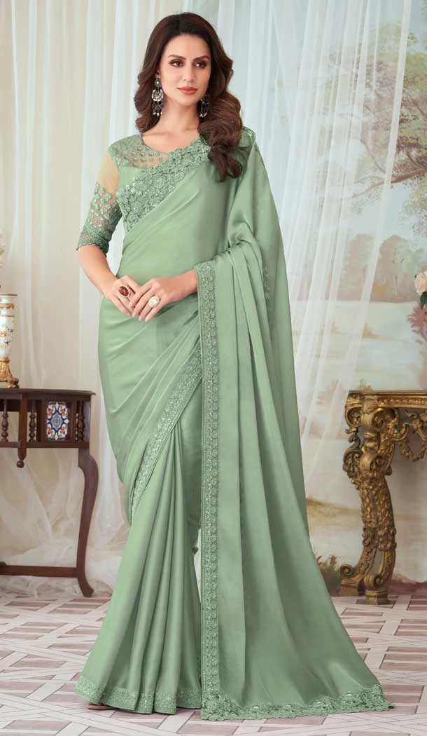 Pista Color Glorious Silk Resham Work Party Wear Designer Saree -5852165053