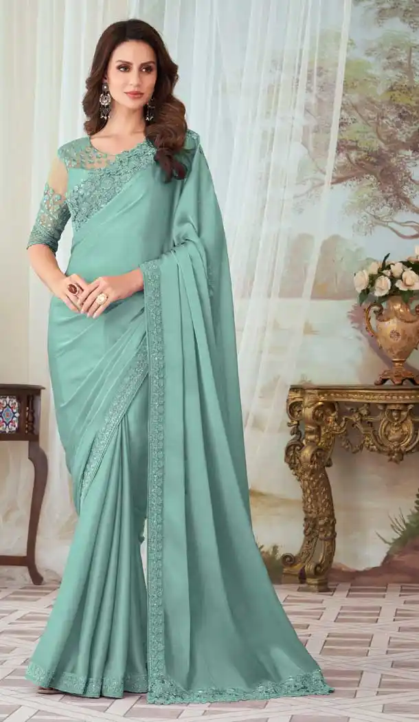 Mint Blue Color Glorious Silk Resham Work Party Wear Designer Saree -5852165055