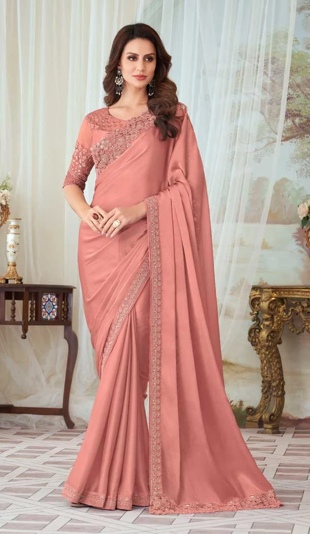 Dark Peach Color Glorious Silk Resham Work Party Wear Designer Saree -5852165056