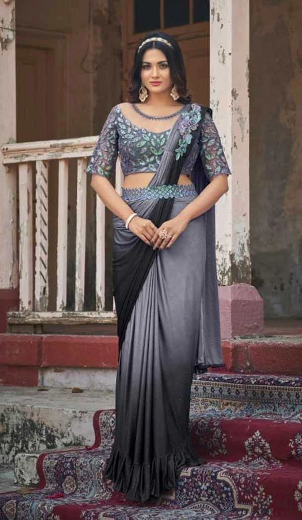 Grey Color Fancy Fabric Fancy Work Party Wear Designer Saree -5853165059