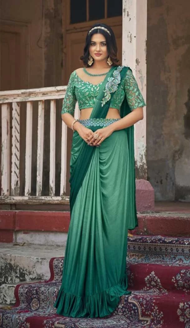 Green Color Fancy Fabric Fancy Work Party Wear Designer Saree -5853165060