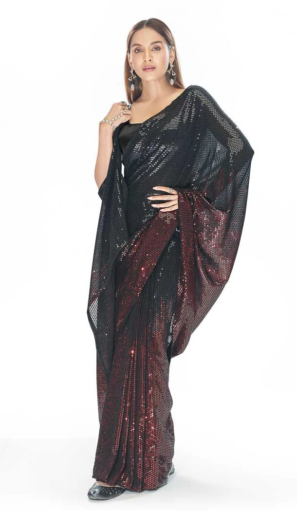 Black And Maroon Color Georgette Sequence Work Party Wear Designer Saree -5857165076