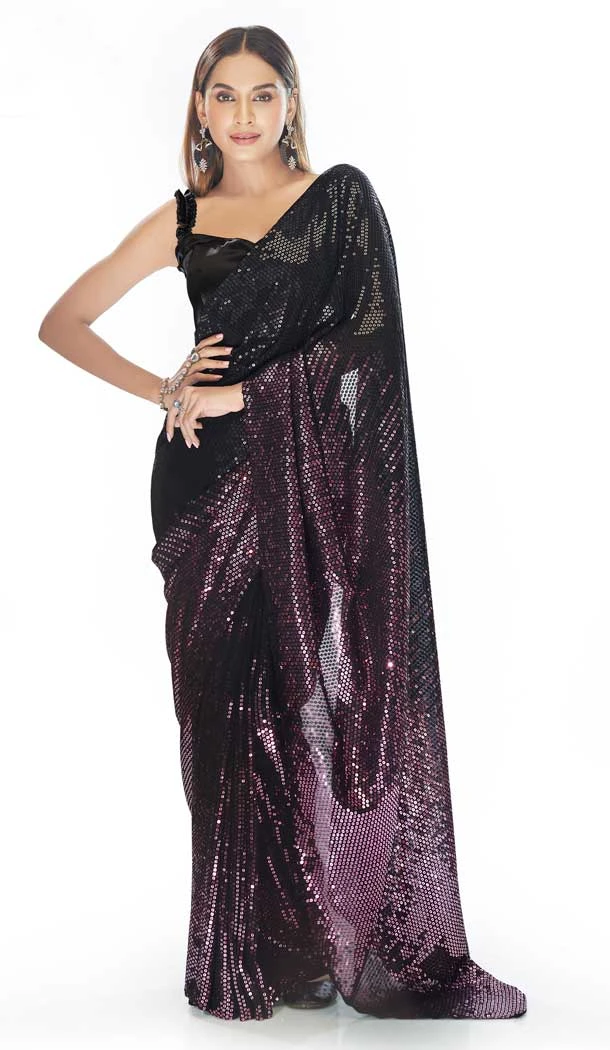Black And Purple Color Sequence Work Georgette Party Wear Designer Saree -5857165078