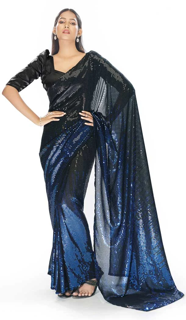 Party Wear Black And Blue Color Georgette Sequence Work Designer Saree -5857165079