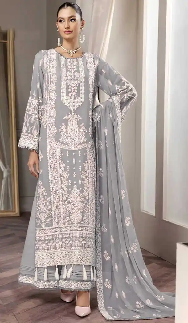 Light Grey Color Georgette Embroidery Work Pakistani Style Palazzo Salwar Kameez -5854165064