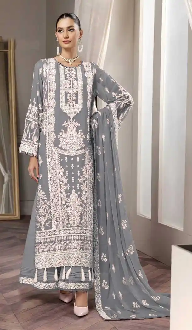 Dark Grey Color Georgette Embroidery Work Pakistani Style Palazzo Salwar Kameez -5854165065