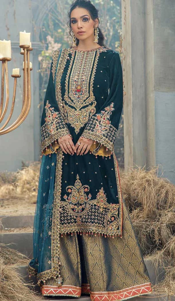 Festival Wear Teal Blue Color Velvet Embroidery Work Pakistani Style Palazzo Suit -5855165067