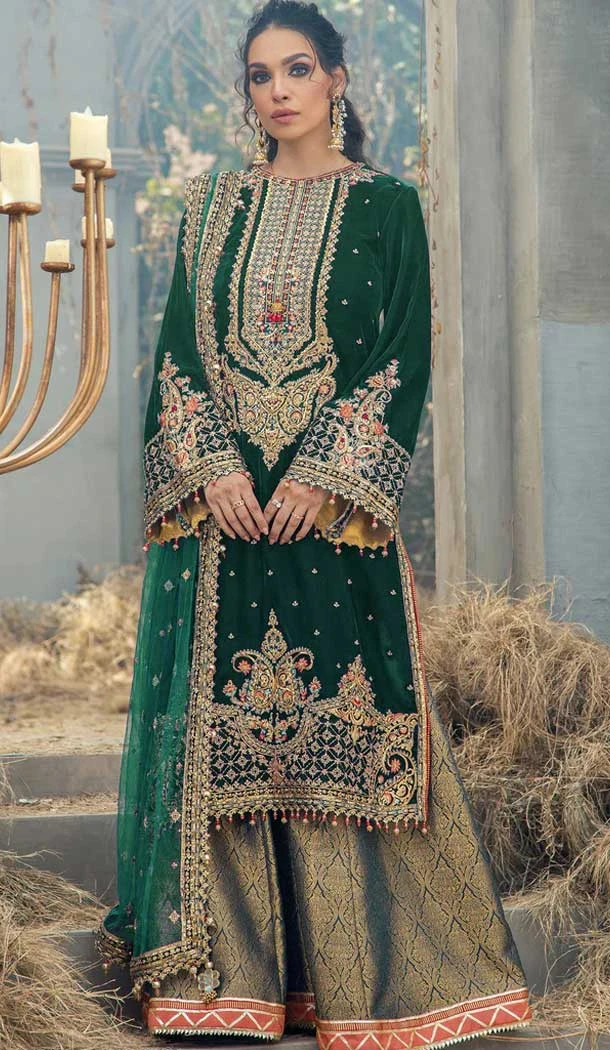 Festival Wear Green Color Velvet Embroidery Work Pakistani Style Palazzo Suit -5855165068