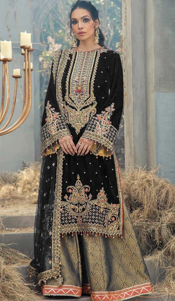 Festival Wear Black Color Velvet Embroidery Work Pakistani Style Palazzo Suit -5855165069