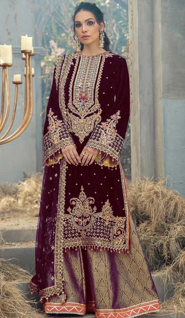 Festival Wear Magenta Color Velvet Embroidery Work Pakistani Style Palazzo Suit -5855165070
