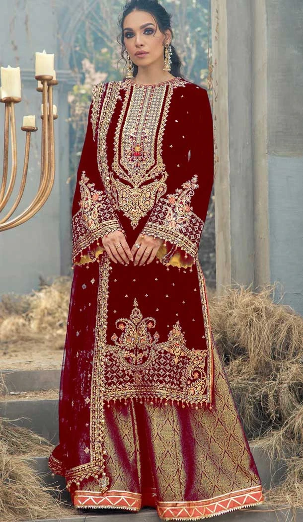 Festival Wear Red Color Velvet Embroidery Work Pakistani Style Palazzo Suit -5855165071
