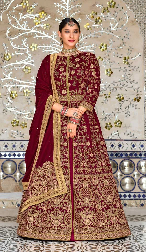 Embroidery Work Red Color Velvet Wedding Wear Designer Salwar Suit -5858165088