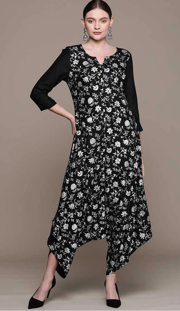 Floral Print Work Black Color Rayon Casual Wear Readymade Jumpsuit -5862165129