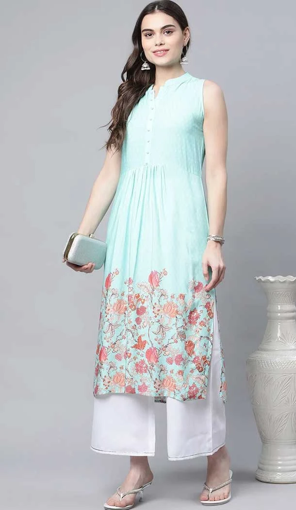 Sky Blue Color Viscose Rayon Print Work Party Wear Readymade Kurti Bottom -5863165137