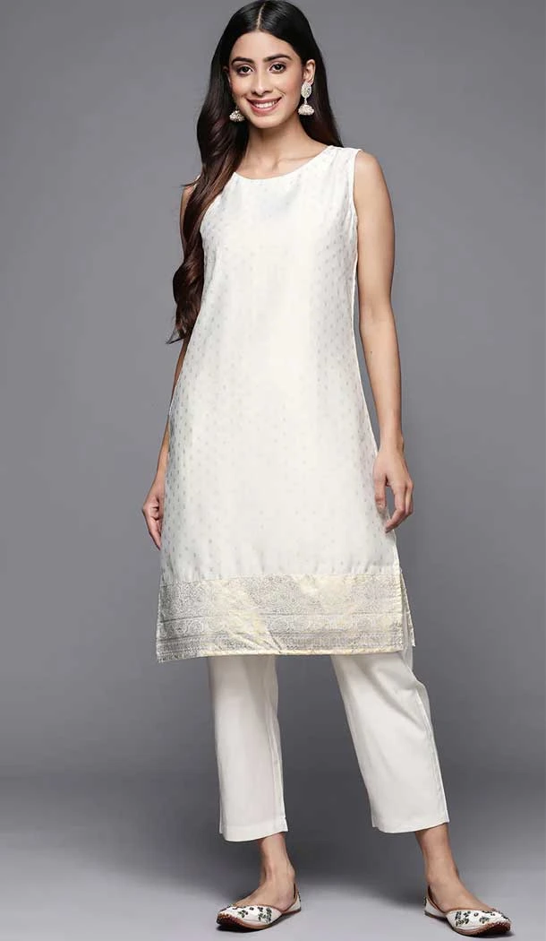 White Color Chanderi Print Work Party Wear Readymade Kurti Bottom -5863165138