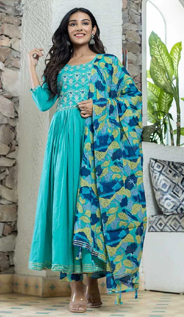 Turquoise Color Cotton Embroidery Work Festival Wear Readymade Salwar Suit -5864165140