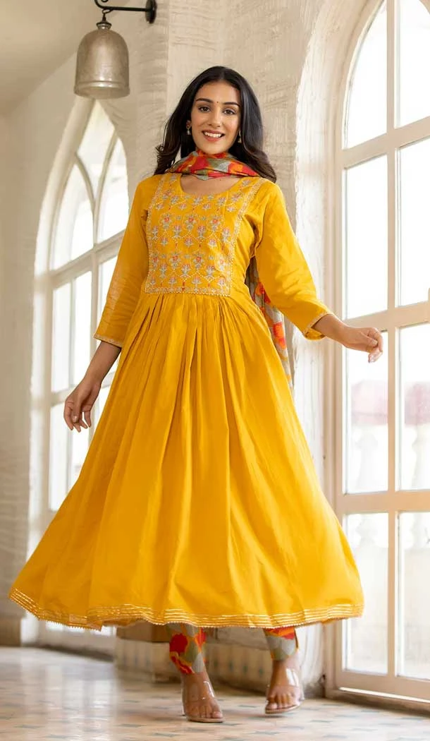 Yellow Color Cotton Embroidery Work Festival Wear Readymade Salwar Suit -5864165141
