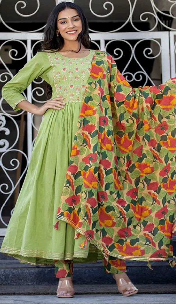 Pista Color Cotton Embroidery Work Festival Wear Readymade Salwar Suit -5864165142