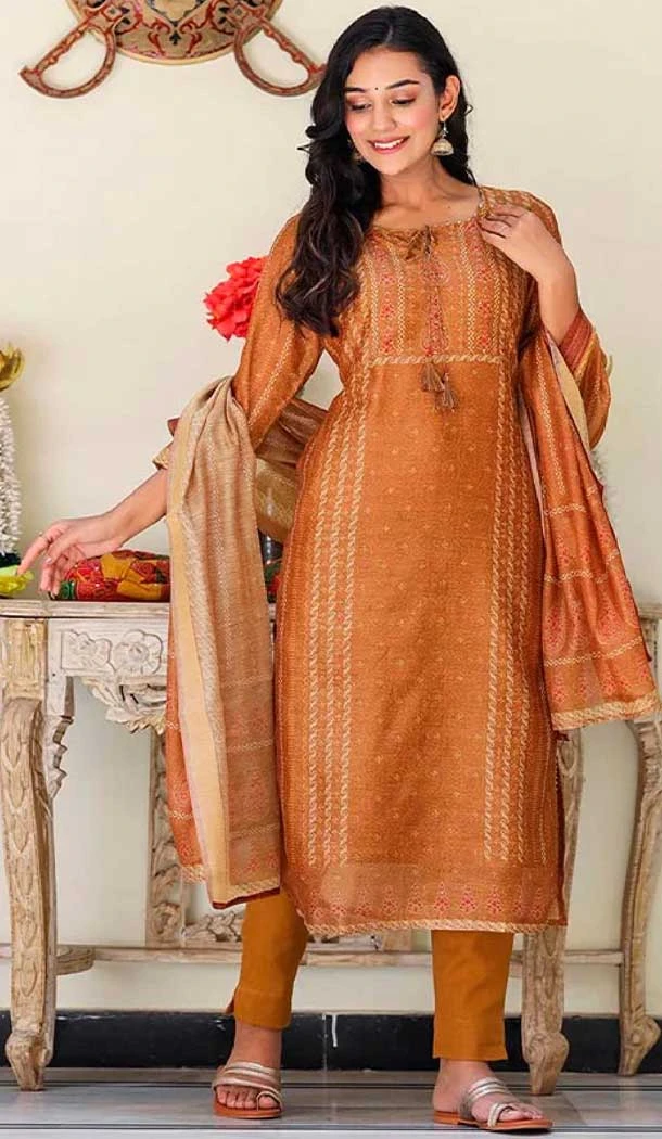 Mustard Color Chanderi Sequins Work Festival Wear Readymade Salwar Suit -5864165144