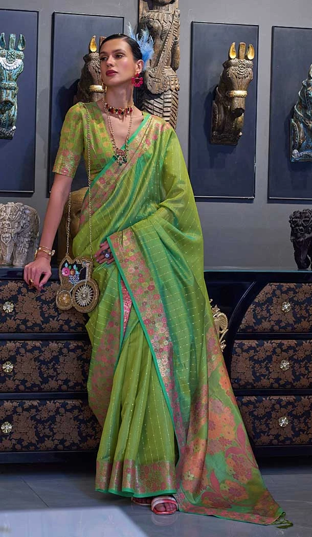 Light Green Color Weaving Organza Resham Work Party Wear Designer Saree -5871165211