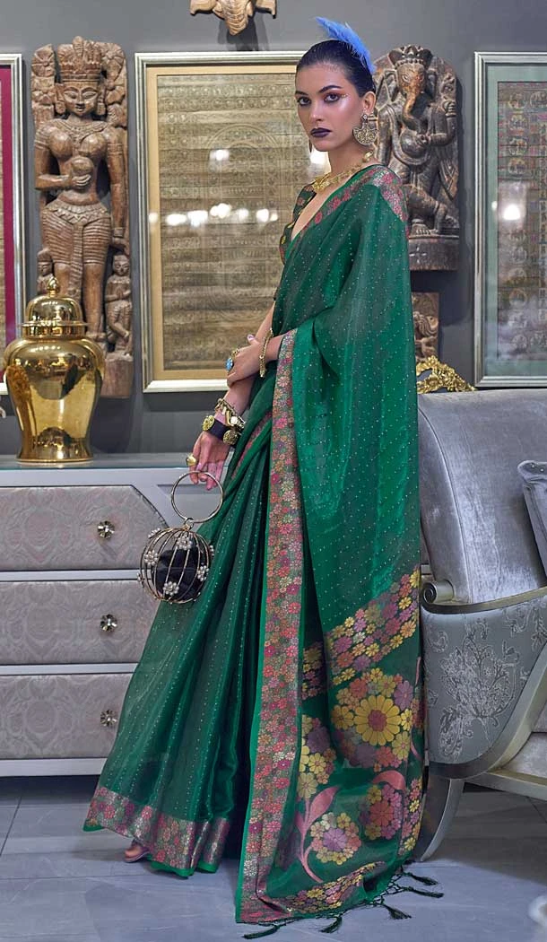 Green Color Weaving Organza Resham Work Party Wear Designer Saree -5871165216