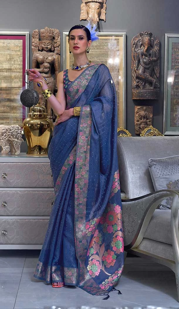 Navy Blue Color Weaving Organza Resham Work Party Wear Designer Saree -5871165218
