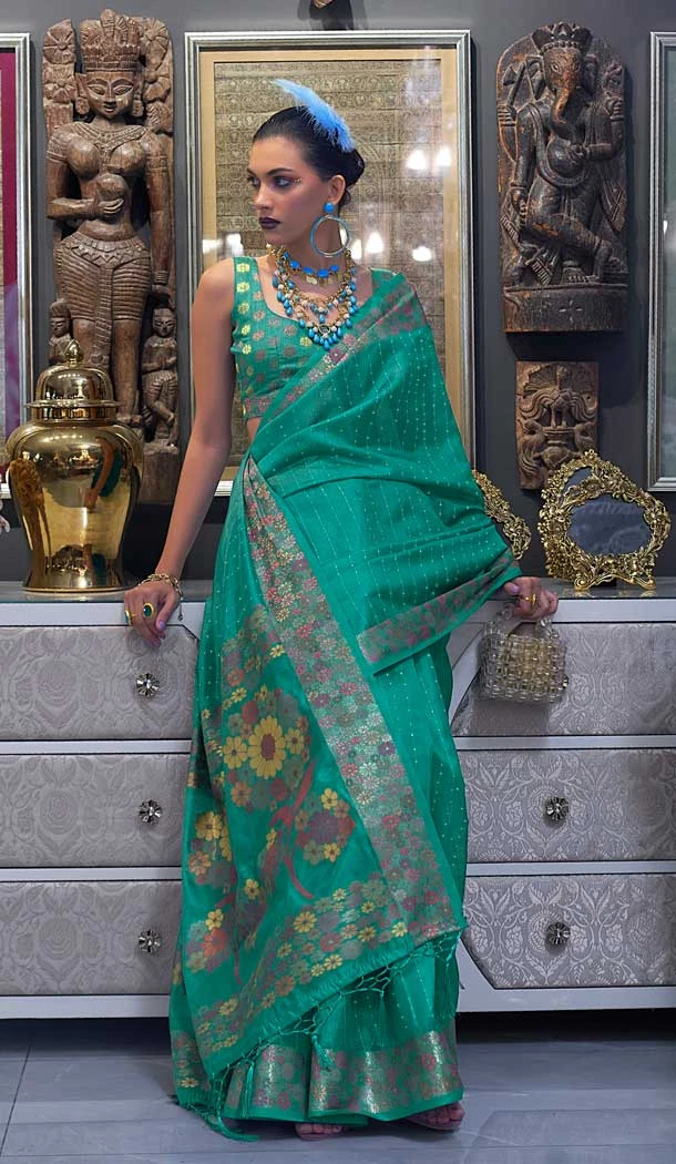 Rama Green Color Weaving Organza Resham Work Party Wear Designer Saree -5871165219
