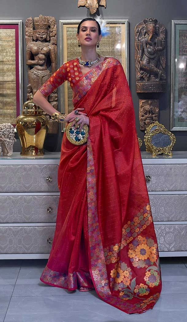 Red Color Weaving Organza Resham Work Party Wear Designer Saree -5871165220
