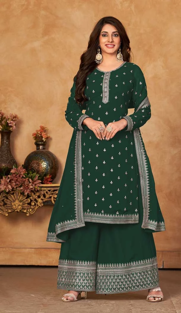 Green Color Fox Georgette Embroidery Work Pakistani Style Palazzo Suit -5872165221