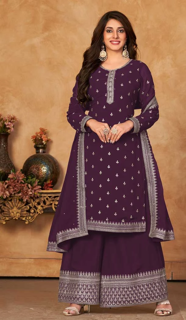 Wine Color Fox Georgette Embroidery Work Pakistani Style Palazzo Suit -5872165222