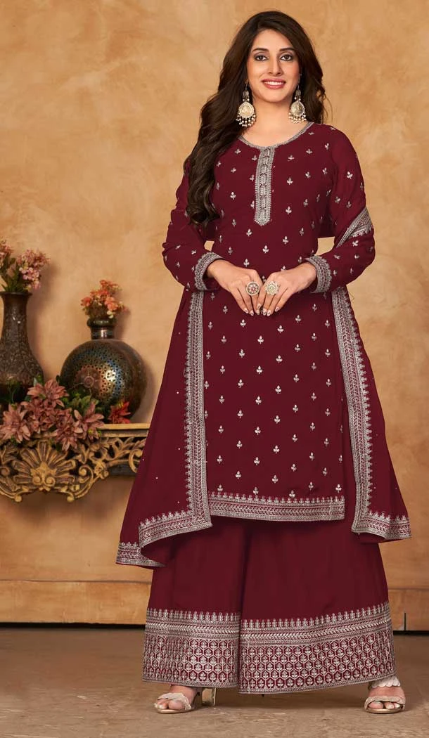 Maroon Color Fox Georgette Embroidery Work Pakistani Style Palazzo Suit -5872165224