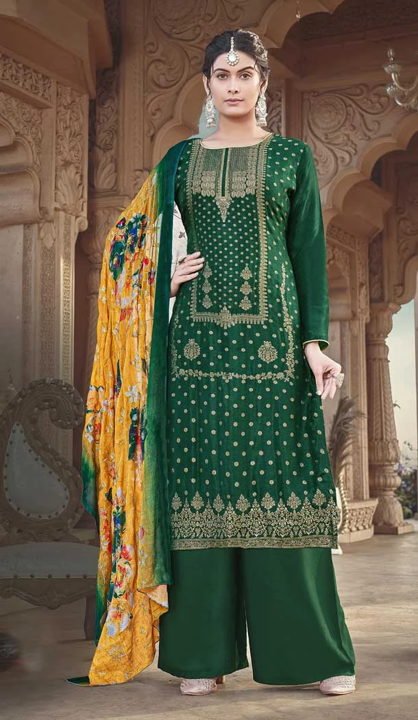Festival Wear Green Color Russian Silk Embroidery Work Pakistani Palazzo Salwar Suit -5873165225