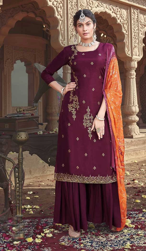 Festival Wear Burgundy Color Russian Silk Embroidery Work Pakistani Palazzo Salwar Suit -5873165226