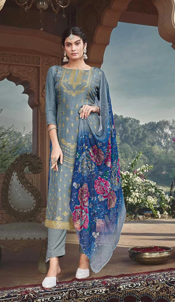 Festival Wear Grey Color Russian Silk Embroidery Work Pakistani Salwar Suit -5873165227