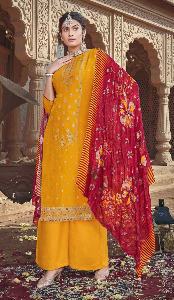 Festival Wear Mustard Color Russian Silk Embroidery Work Pakistani Palazzo Salwar Suit -5873165228