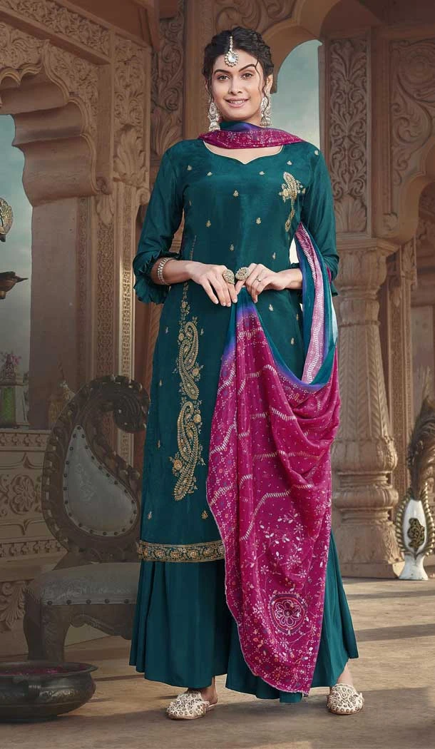 Festival Wear Teal Color Russian Silk Embroidery Work Pakistani Palazzo Salwar Suit -5873165229