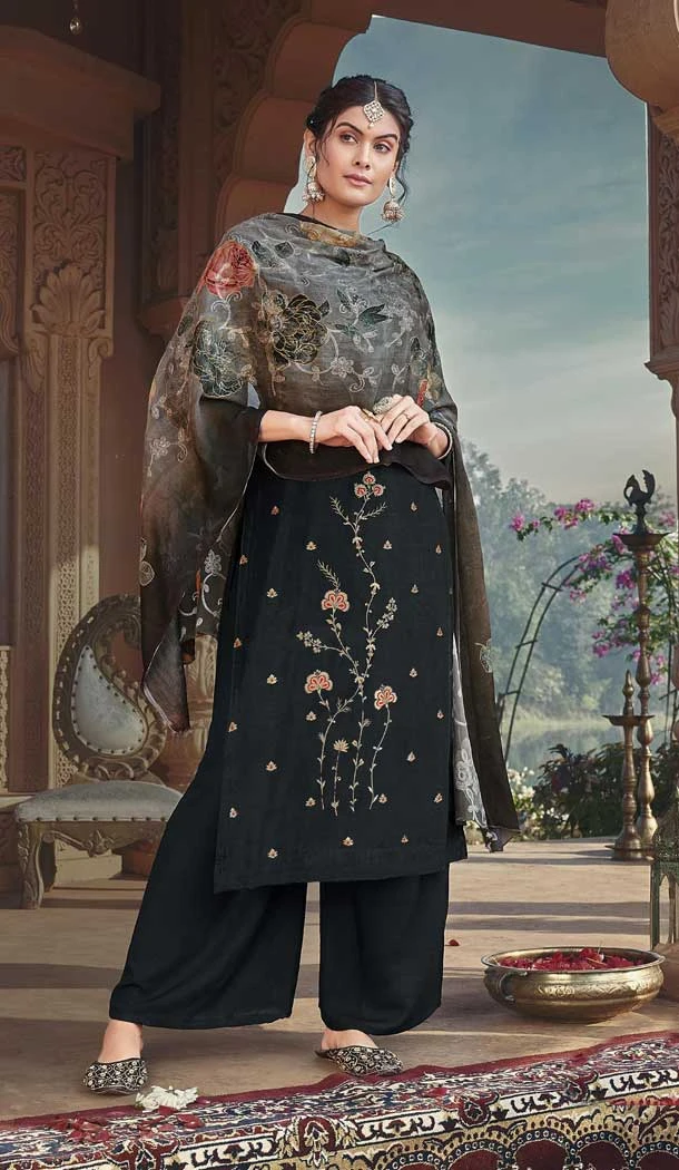 Festival Wear Black Color Russian Silk Embroidery Work Pakistani Palazzo Salwar Suit -5873165230