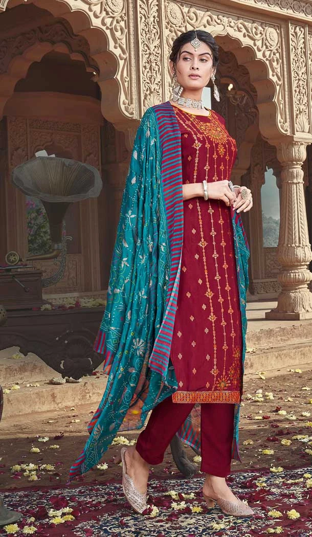 Festival Wear Maroon Color Russian Silk Embroidery Work Pakistani Salwar Suit -5873165231