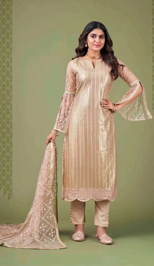 Light Brown Color Butterfly Net Zari And Thread Work Party Wear Salwar Suit -5874165232